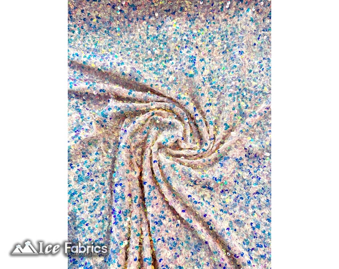 Iridescent Blush Stretch Velvet Sequins Fabric By The Yard | Full Sequin Embroidery on Velvet Fabric on Spandex Fabric | For Prom Dresses