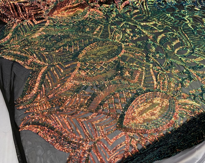 LONDON Design/Iridescent (Orange) Spandex Sequins 4 Way Stretch Geometric On Black Mesh Lace Fabric By The Yard/Embroidery For Prom Dress