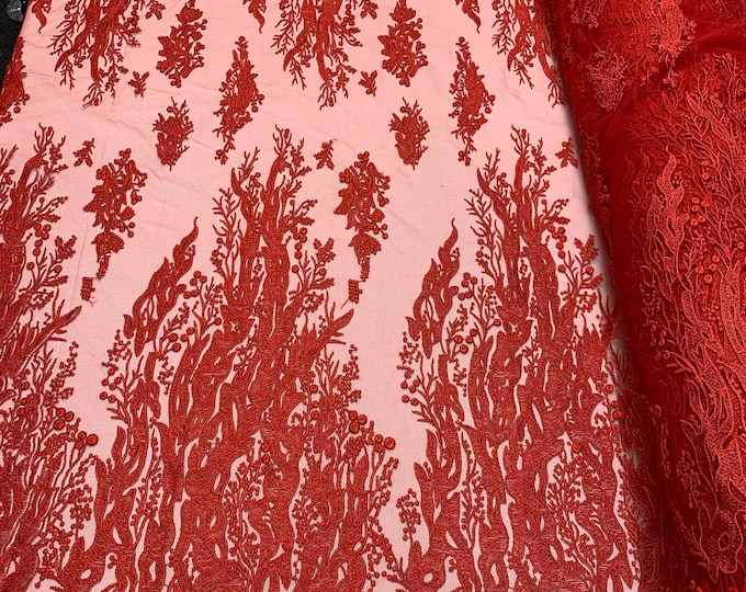 FIRE design_ Red // Floral Handmade Mesh Lace Fabric By The Yard, Flowers Fabric Lace Mesh// Veil Bridal Gowns, Fashion Dress, Costume