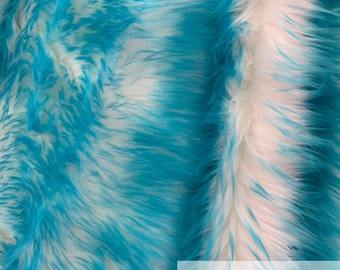 Canadian Fox_ 2 Tone Thick Fake Faux Fur Shaggy Long Pile - 64" Wide - Fabric By The Yard - Sold By ICE FABRIC - Turquoise White-