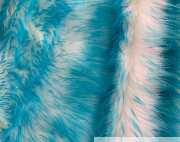 Canadian Fox_ 2 Tone Thick Fake Faux Fur Shaggy Long Pile - 64" Wide - Fabric By The Yard - Sold By ICE FABRIC - Turquoise White-