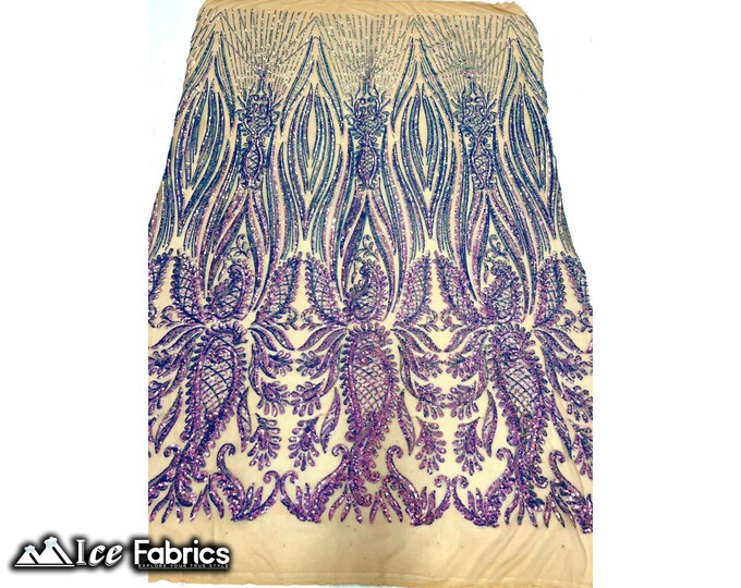 Loyalty Iridescent Purple on Nude Sequin Fabric By The Yard | Lace Embroidery Fabric | Sequin Lace on 4 Way Stretch Mesh
