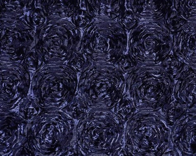 54-Inch Wide Premium Satin Rosette 3D Rose Design Ribbon Fabric (Navy Blue, 1 Yard)