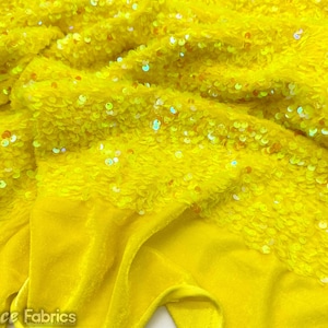 Luxury Stretch Velvet Sequin Fabric Iridescent Yellow on Yellow Velvet By The Yard | Full All Over Sequin ( 5mm) on stretch Velvet Fabric