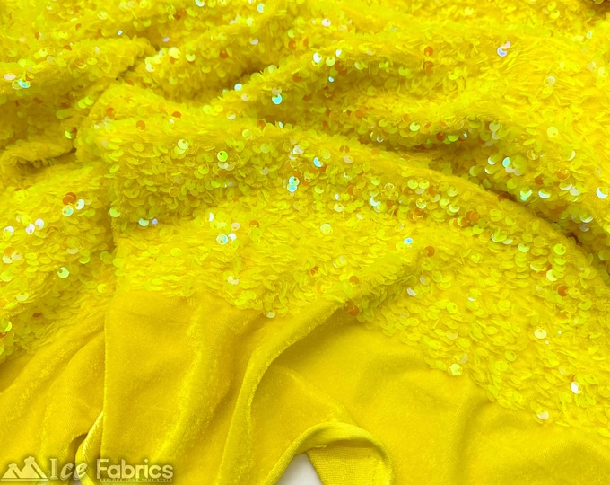 Luxury Stretch Velvet Sequin Fabric Iridescent Yellow on Yellow Velvet By The Yard | Full All Over Sequin ( 5mm) on stretch Velvet Fabric