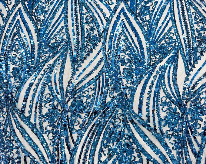 Teal Blue Damask Stretch Sequin Fabric By The Yards (MT) Embroidery Sequin Mesh Fabric Prom Dress Fabric