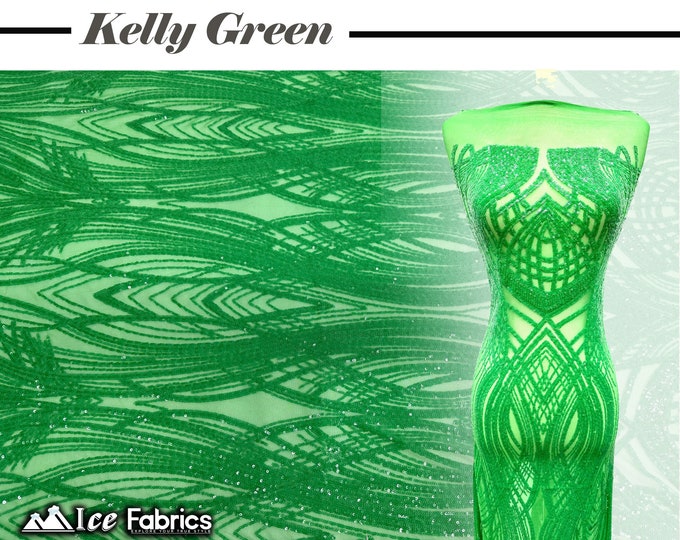 Peacock Kelly Green 4 Way Stretch Sequins Fabric By The Yard  Kelly Green Mesh nylon Spandex Fabric | With Embroidery Sequin Lace
