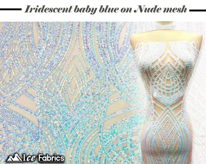 Peacock Iridescent Baby Blue 4 Way Stretch Sequins Fabric  By The Yard on Nude Mesh nylon Spandex Fabric | With Embroidery Sequin Lace