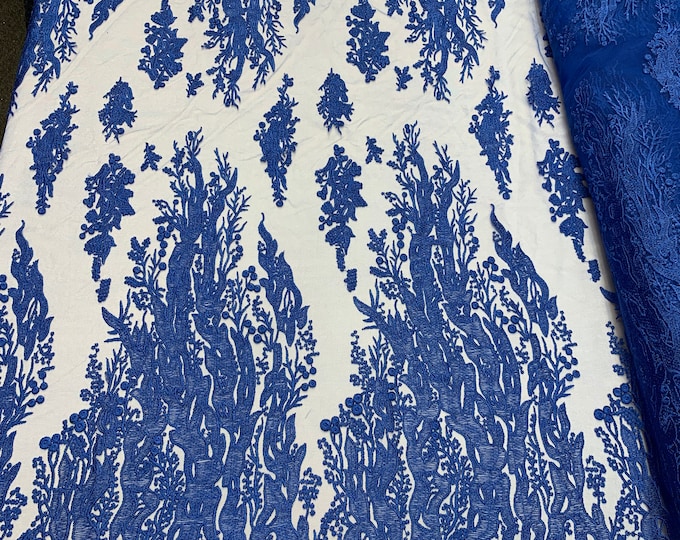 FIRE design_ Royal Blue// Floral Handmade Mesh Lace Fabric By The Yard, Flowers Fabric Lace Mesh// Veil Bridal Gowns, Fashion Dress, Costume