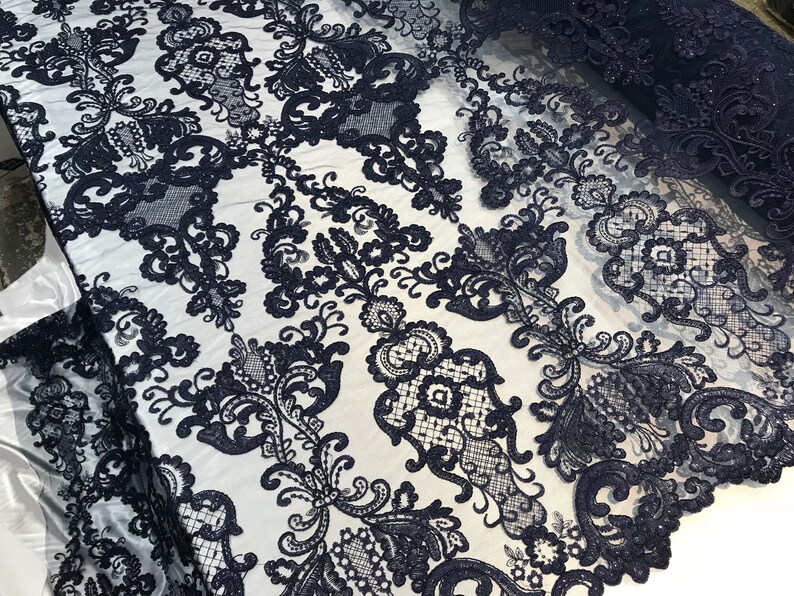 Navy Blue Design Embroidered Mesh Lace Fabric by the Yard for - Etsy