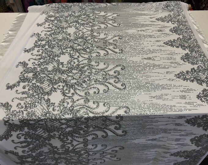 Silver Sequin Fabric By The Yard_ Embroidered 4 Way Stretch Sequin Fabric_ Spandex Fabric Mesh Fabric_ Prom Dress