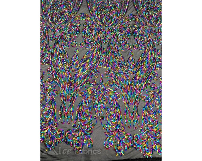 Gorgeous Stretch Sequin Fabric Iridescent Rainbow By The Yard | Embroidered Lace Fabric on power mesh Spandex Fabric | for wedding dress