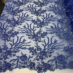 Beaded Mesh Lace Fabric By The Yard Embroidery Bridal Lace Handmade Floral Design With Big Luxury Flowers Sequins (Royal Blue)