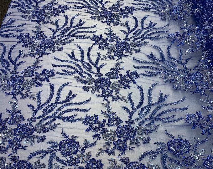 Beaded Mesh Lace Fabric By The Yard Embroidery Bridal Lace Handmade Floral Design With Big Luxury Flowers Sequins (Royal Blue)