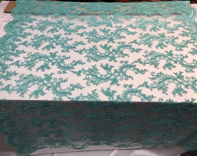 Mint Mesh Lace Floral Fabric By The Yard_ Embroidery Handmade Floral Lace_ Decor, Night Gowns, Tablecloths, Runners, Skirts, Costumes