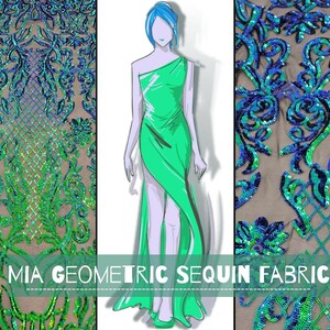 Mia Geometric Sequin Fabric By The Yard | 4 Way Stretch Fabric | Sequin Geometric Embroidery Fabric | Iridescent Green on Black Mesh image 2