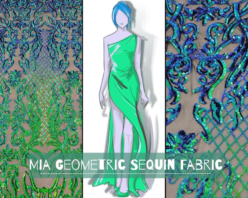 Mia Geometric Sequin Fabric By The Yard | 4 Way Stretch Fabric | Sequin Geometric Embroidery Fabric | Iridescent Green on Black Mesh image 2