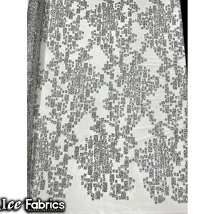 Scarlett Embroidered Beaded Fabric By The Yard | Hand beading Sequin Lace on Mesh | Silver