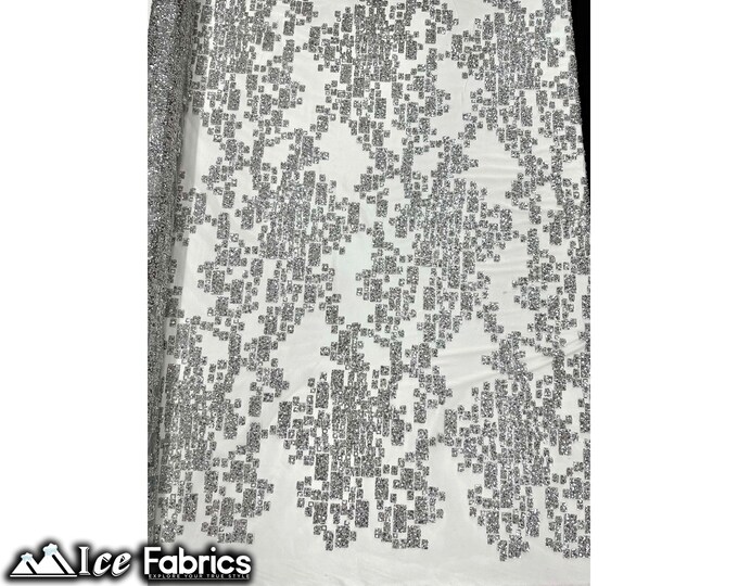 Scarlett Embroidered Beaded Fabric By The Yard | Hand beading Sequin Lace on Mesh | Silver