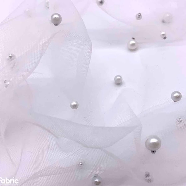 New Snow White Pearl Beaded Fabric on a Soft Tulle by The Yard - Embroidered Handmade Fabric - Tulle Lace Fabric with Pearls for Bridal Veil