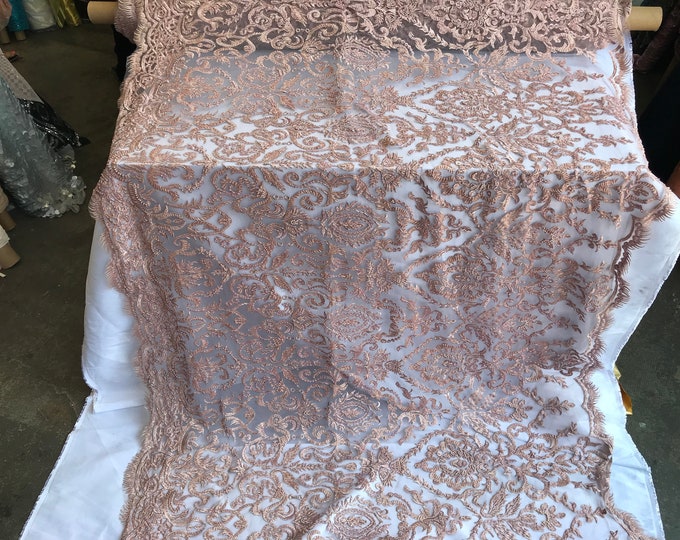 Design Beaded Mesh Lace Fabric Bridal Wedding Dusty Gold Sold By Yard clothing, jackets, dresses,skirts, applications, table covers, runners
