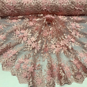 Pink_ 3D Flowers Beaded Mesh Lace Bridal Fabric By The Yard/ Mesh Beaded Embroider Lace Floral Fabric/ Wedding Fabric, Prom Dress, Gowns