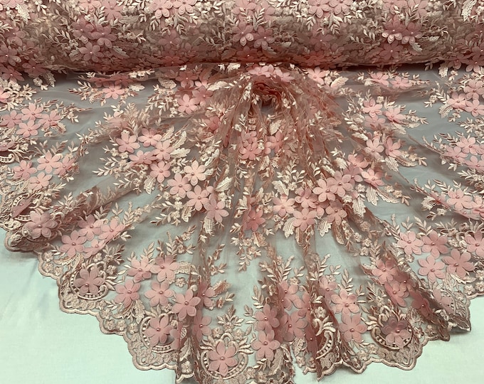 Pink_ 3D Flowers Beaded Mesh Lace Bridal Fabric By The Yard/ Mesh Beaded Embroider Lace Floral Fabric/ Wedding Fabric, Prom Dress, Gowns
