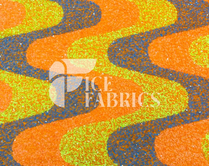 Wavy Sequin Stretch Velvet Fabric by The Yard - 60" Wide Neon Orange Yellow on Orange Velvet for Apparel, Costume, Decor