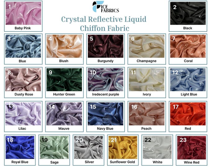 Iridescent Reflective Liquid Chiffon Fabric By The Yard (60” Wide) Crystal Chiffon Fabric Prom and Wedding dress
