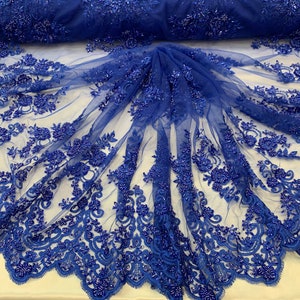 Royal Blue_ Embroidered French Flowers Mesh Lace Fabric Sold - Etsy