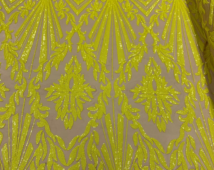 Yellow Sequin Fabric By The Yard _ Geometric 4 Way Stretch Sequin Embroidery Lace On Nude Spandex Mesh