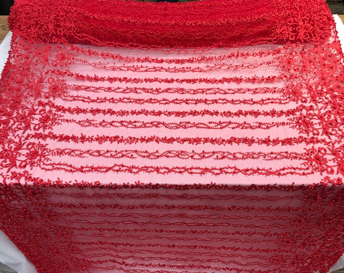 Red Hand Embroidered beaded mesh laces bridal wedding prom dresses decorations night gowns fashion runners customs by the yard