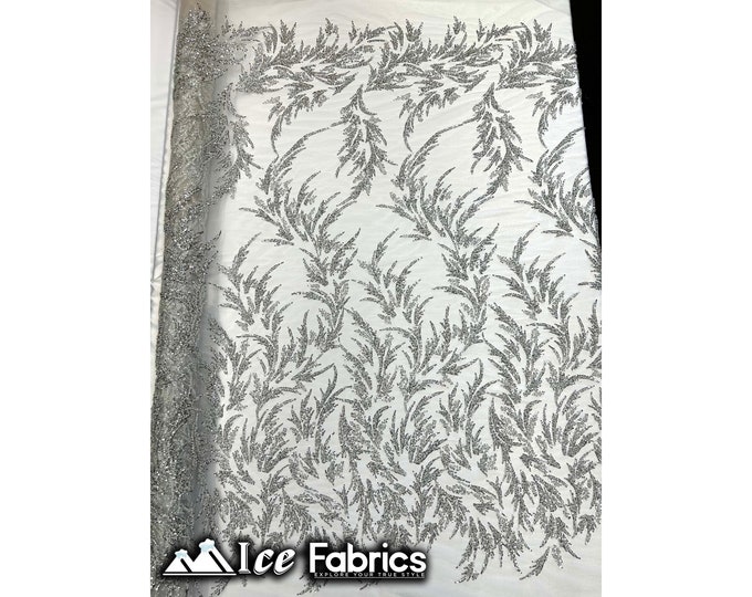 Modern Floral Hand Beading Lace Fabric | By The Yard | Silver Beads with Sequin on Mesh Fabric