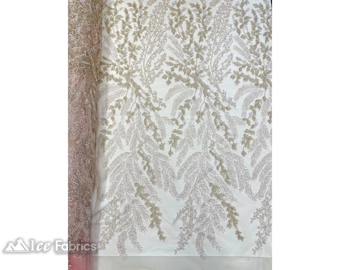 Ivory Pink Floral Embroidery Beaded Sequin Fabric By The Yard | Handmade Beaded Fabric | French Lace Fabric on Mesh