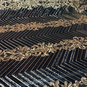 GOLD SHINY SEQUIN DAMASK DESIGN EMBROIDERY ON A BLACK 4 WAY STRETCH MESH-1 YARD. main image 0