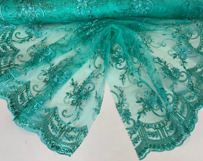 Mint_ Metallic Flowers Sequins On A Mesh Lace Fabric// Lace By The Yard//Floral Embroider Lace For Tablecloths,Costumes,Decorations,Runners