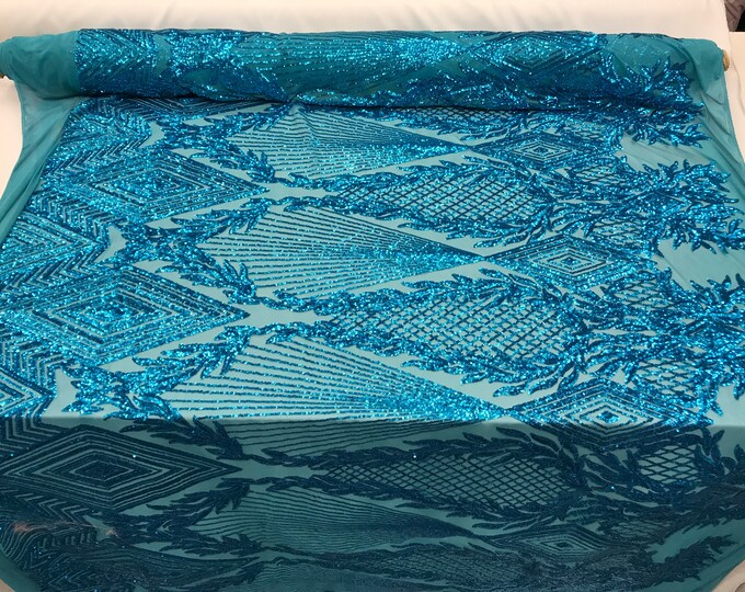 Turquoise Luxury Sequins High Quality 4 Way Stretch Sequins Embroidery Fabric on A Mesh Lace By The Yard. Wedding Prom Dress, Tablecloths.