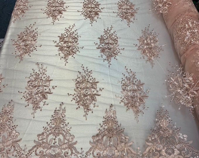 Hand Made Mesh Lace Embroidery Fabric By The Yard (Dusty Rose, Pink) Flowers/Floral Lace Soft Mesh For Tablecloths,Runners,Skirts,Costumes