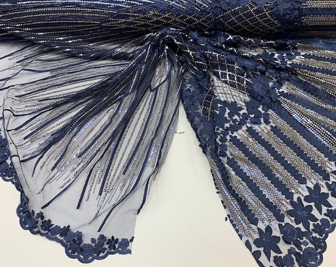 Navy Blue_Corded 3D Flowers/Floral Mesh Lace Fabric With Geometric Gold Sequins By The Yard// Embroidery Lace Mesh Dresses, Gowns, Skirts