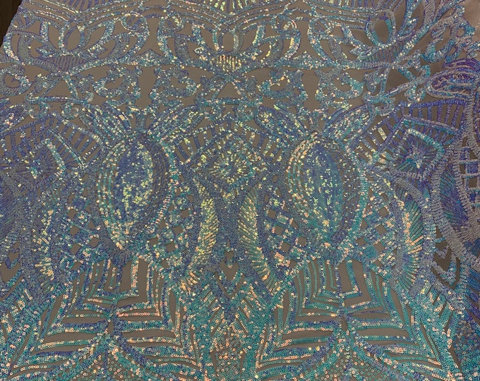 LUXURY Iridescent Embroidered 4 Way Stretch Sequins ON A Blush Mesh Lace Fabric By The Yard (Mint,Blue,Lavender) For Night Gowns, Prom Dress