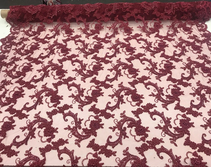 Burgundy Design Beaded Mesh Lace Fabric Bridal Wedding Sold By one yard  clothing, jackets, dresses,skirts, applications, table cove