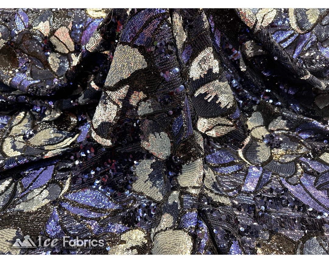 Navy Blue Floral Sequin Fabric by the Yard | on 4 Way Spandex Mesh ...