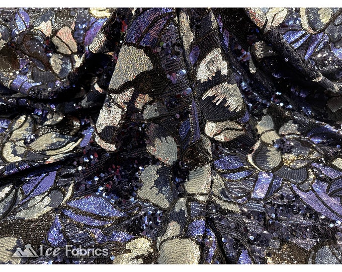 Navy Blue Floral Sequin Fabric By The Yard | On 4 way Spandex Mesh Fabric Embroidery Lace Fabric | Sequin Flowers