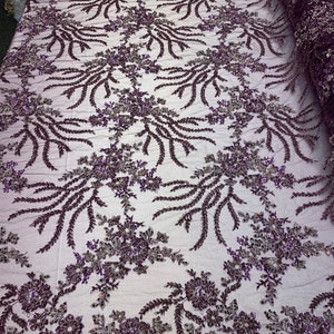 Beaded Mesh Lace Fabric By The Yard Embroidery Bridal Lace Handmade Floral Design With Big Luxury Flowers Sequins (Plum/Purple