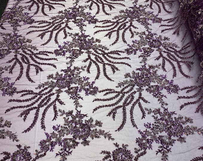 Beaded Mesh Lace Fabric By The Yard Embroidery Bridal Lace Handmade Floral Design With Big Luxury Flowers Sequins (Plum/Purple