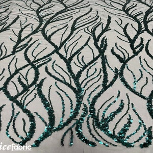Hunter Green Handmade Heavy Beaded Fabric By The Yard | 52’’ Wide | Handmade Embroidery Beaded Lace Fabric with Sequin
