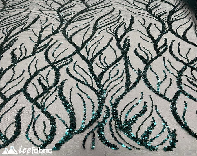Hunter Green Handmade Heavy Beaded Fabric By The Yard | 52’’ Wide | Handmade Embroidery Beaded Lace Fabric with Sequin