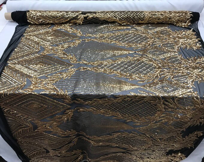 Gold Luxury Sequins High Quality 4 Way Stretch Sequins Embroidery Fabric on A Mesh Lace By The Yard. Wedding Prom Dress, Tablecloths.