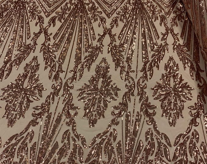 Rose Gold Sequin Fabric By The Yard _ Geometric 4 Way Stretch Sequin Embroidery Lace On Rose Spandex Mesh
