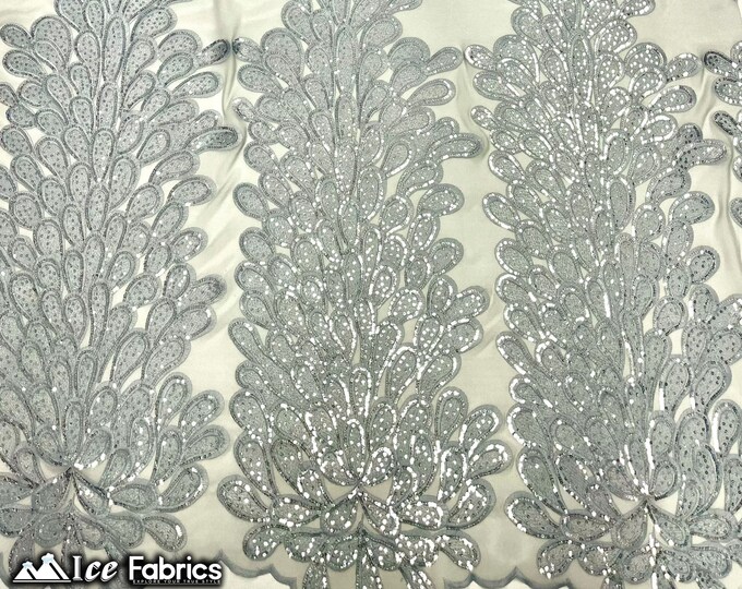 Silver Vegas Peacock Embroidery Lace Sequin Fabric | on 2 Way Stretch Mesh | Sold By 3 Panels | (34” Length) (54” Wide)